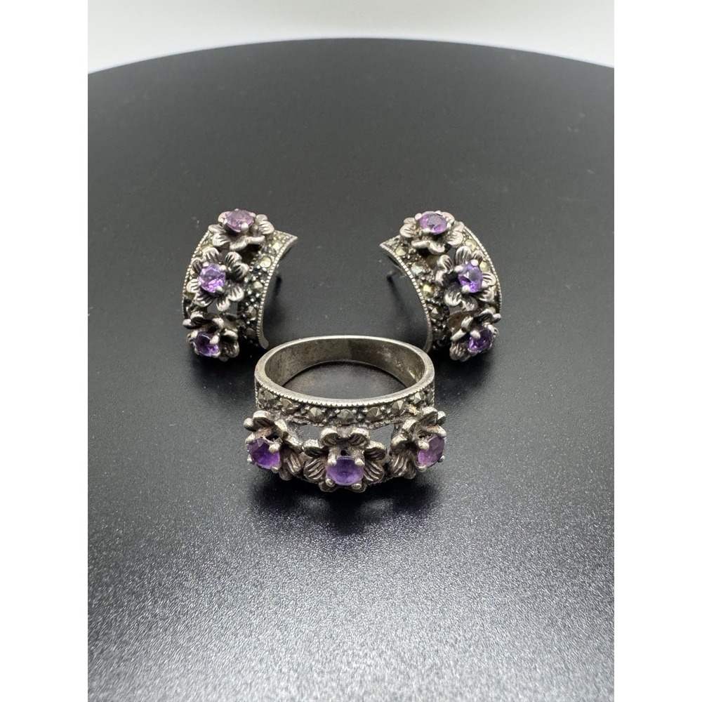 Sterling Silver 925 Amethyst Marcasite Ring Earrings Set